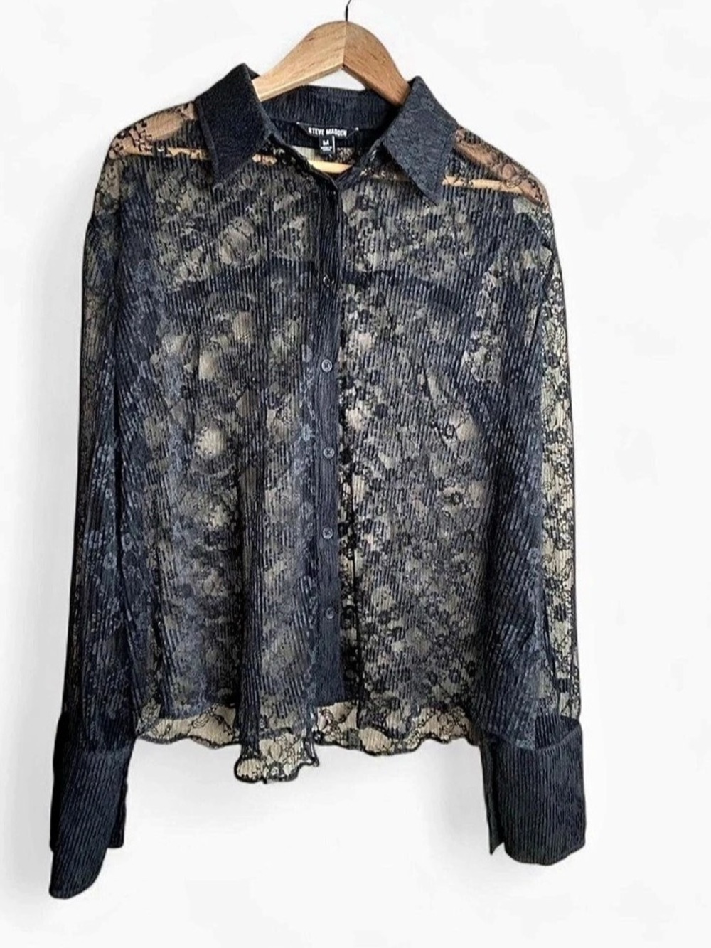 Steve Madden Black Lace Long Sleeve Button Up Top Medium Whimsigoth Edgy